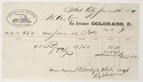 Missouri River Packet Line Billhead for Steamer Colorado, 1864 [205047]