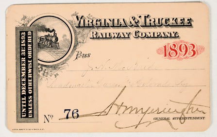 Virginia & Truckee Railway Co. Annual Pass, 1893 [201531]