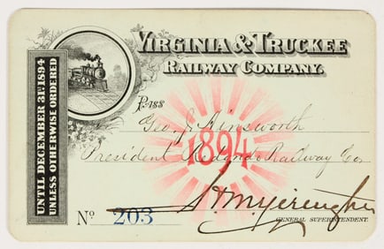 Virginia & Truckee Railway Co. Annual Pass, 1894 [201530]