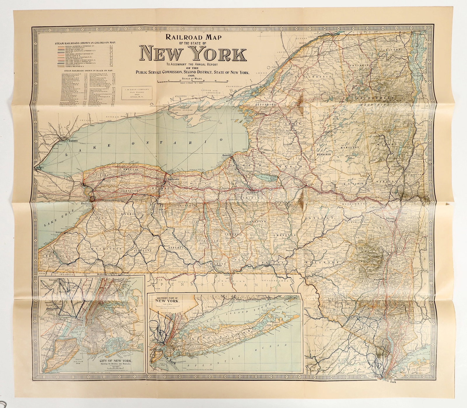 New York Railroad Map, 1909 [201315]: A railroad map of the state of New York "To Accompany the Annual Report of the Public Service Commission, Second District, State of New York, 1909". Printed by the J.B. Lyon Company of Albany, NY. The
