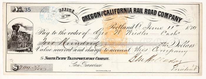 Oregon & California Railroad Co. RN Check Signed by Ben Holladay [200896]