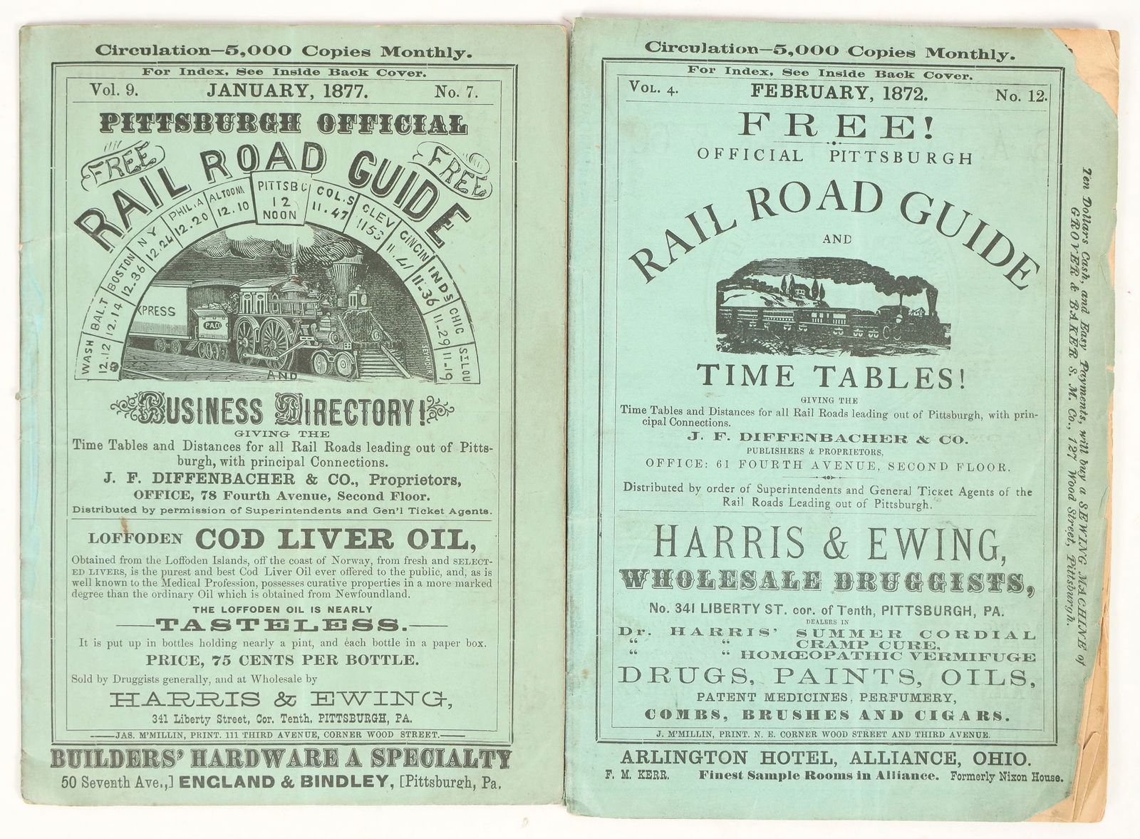Pittsburg Official Railroad Guide [204585]: Lot of 2. Pittsburg Official Railroad Guide, 1872 and 77. Timetables for ten railroads operating in the Pittsburg area, ads. Both are complete, show signs of age.^Date: 1872/77Country (if not USA): St