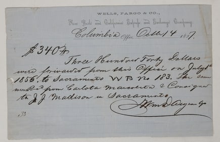Wells, Fargo Note from Columbia, Cal. 1857 [205828]