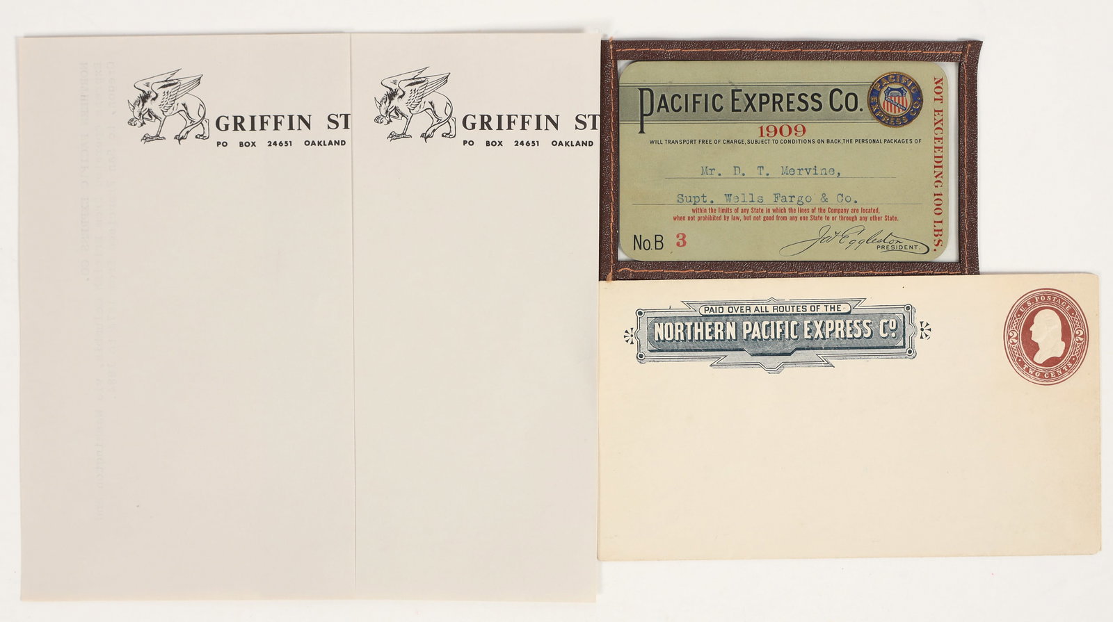 Pacific Express Pass and Northern Pacific Express Cover [205248]: Lot of 2. 1) 1909 Pacific Express Co. pass for DT Mervine, Supt. of Wells Fargo. In holder. Formed from the Kansas Pacific and Union Pacific Express Companies and developed a strong business liaison w