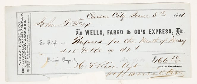 Carson City, Nevada Territory 1861 Wells Fargo Receipt [204189]