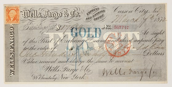Extremely Rare Carson City Wells Fargo First of Exchange, 1872 [204921]