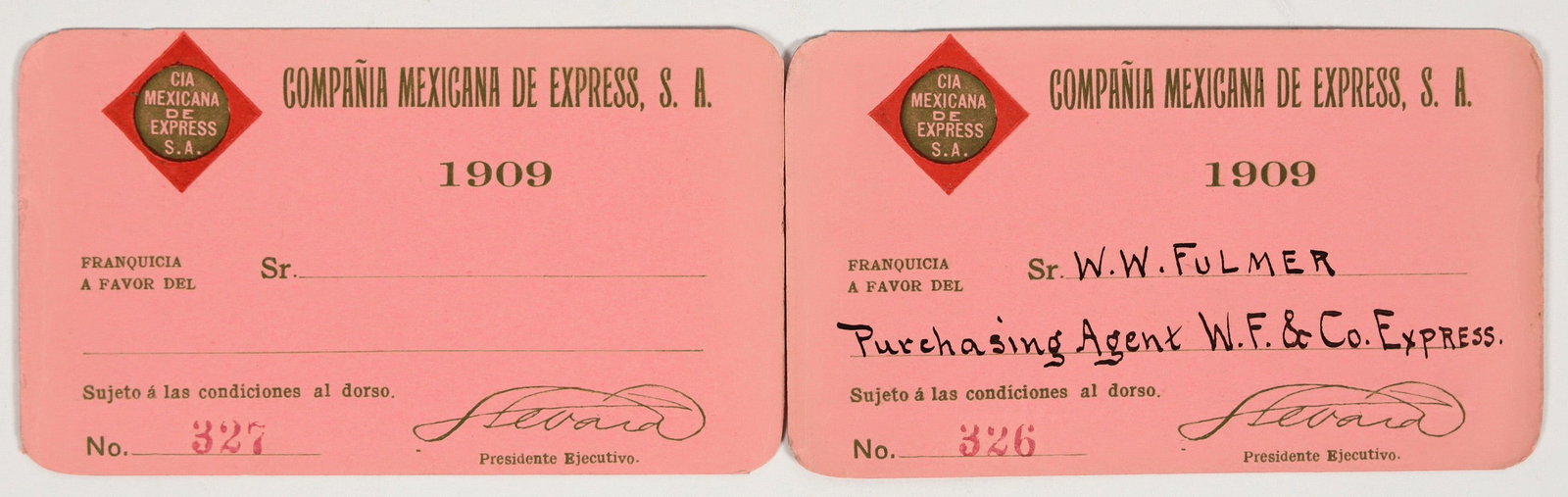 Compania Mexicana de Express, S.A. Passes (Affiliated w/ Wells Fargo) [203571]: Two 1909 passes, one unissued, the other issued to WW Fulmer, Purchasing Agent for Wells Fargo. Pink cardstock. The Compania Mexicana de Express, S.A. was established around late 1909 as a joint ventu