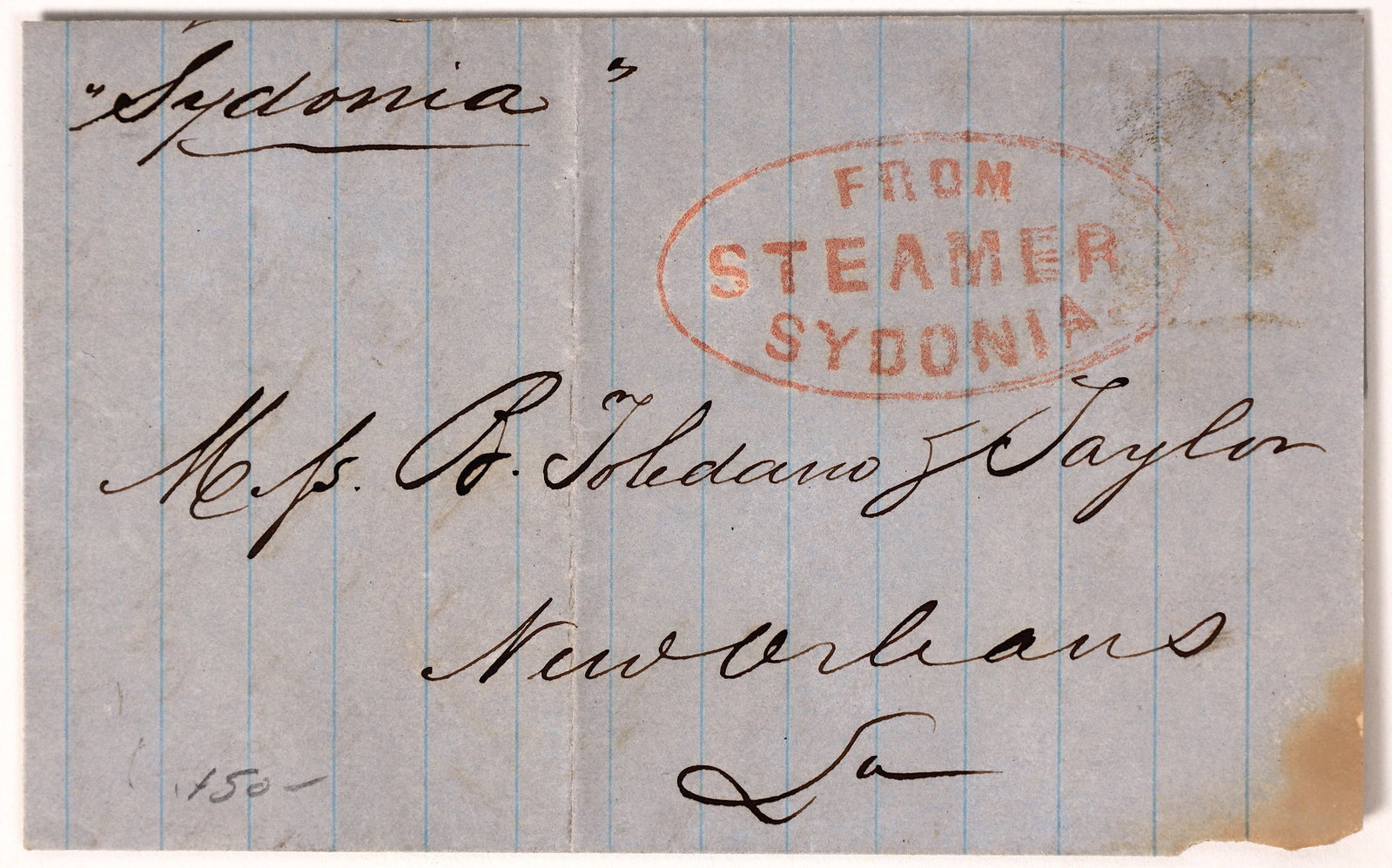 Steamer Sydonia: Red & Mississippi Rivers Stampless Cover [162846]: Stampless letter with 1855 from Washington. Asking for coffee-Bright orange 'From Steamer Sydonia'. To Toledano & Taylor Company. Sydonia ran the Red and Mississippi rivers. (Milgram 1342)^Date: 1855C