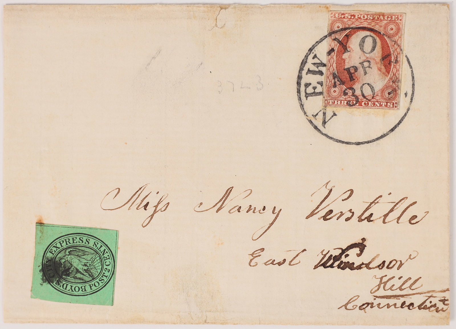 Boyd's Express; New York Cover [162898]: Postmarked and cancelled with New York, Apr. 30. Three cent Franklin. Attached green Boyd's Express / Post 2 Cents. Sent to East Windsor, Conn.^Date: Country (if not USA): State: New YorkCity: New Yor