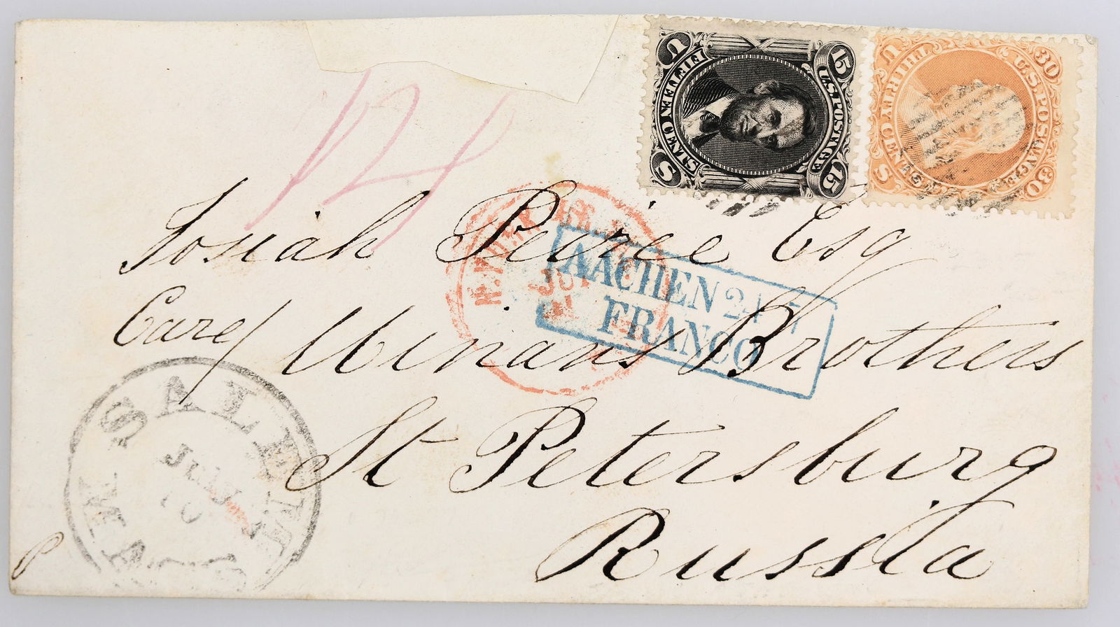 Cover with # 71 and #77 to Russia [163965]: #71 and #77 tied by black grid cancels, 15 cents and 30 cents, on cover to St. Petersburg Russia. Salem Mass July 10, Aachen Franco on front. Ex Henry C Gibson Collection. Pencil writing on back. Prof