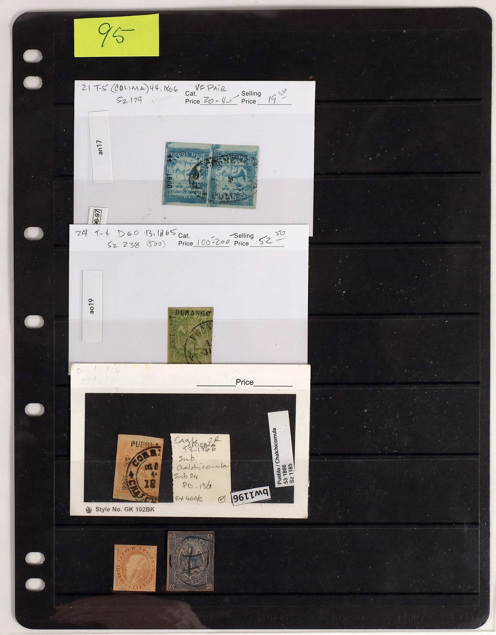 Mexican Eagle Stamps [162256]: Mexico. 1856-61 Eagles, stock sheet with 28 stamps, highly annotated, noted two 8r (Orizava 159-1864, Pietsch $200-500, margins huge to cutting; S.L. Potosi 127-1864), also Guadalajara 1867 1r, will r