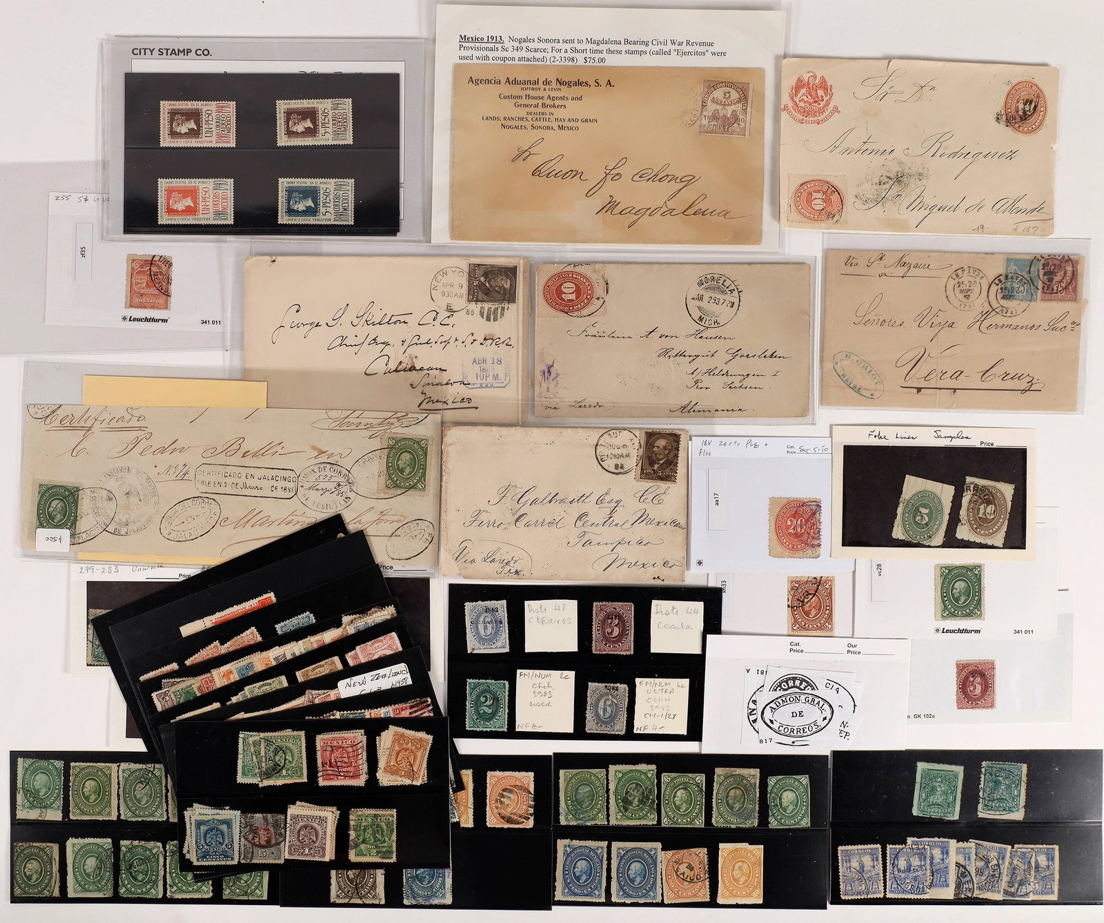 Mexican Stamp and Postal Cover Collection [162301]: 1882-1940 very varied balance, noted 1895 Mail Train 5p, 1913 cover with'Ejercito'5c (#349), 1940 Stamp Centenary set mint, decent Numerals, 1884-5 Hidalgos, etc., take a look! Seven covers and dozens