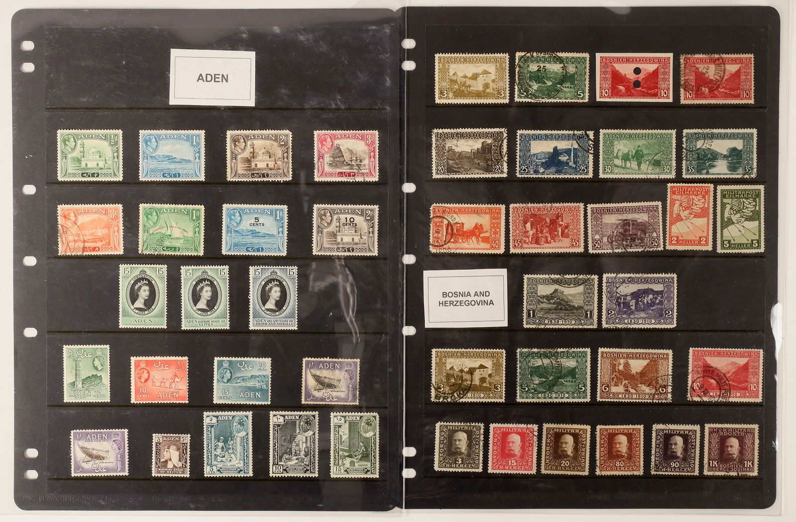 Worldwide Stamp Collection [162248]: Worldwide. Ambitious start at getting stamps from a wide range of countries, housed in two huge binders filled with stock sheets, we count 54 countries from Aden to Yemen and some 3,300 different stam