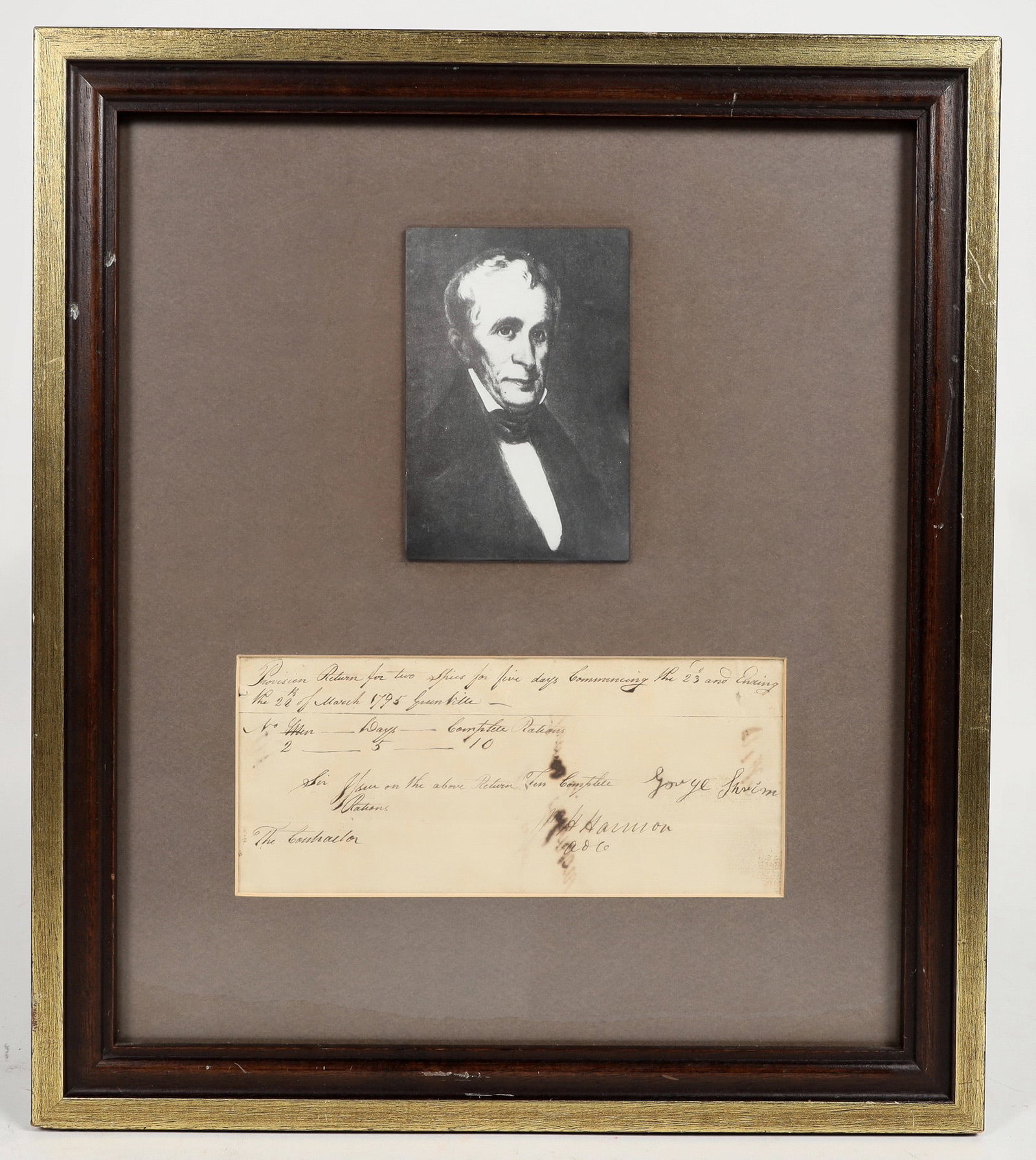 William Henry Harrison Framed Signed Doc 1795 [203983]: 15.5" x 13. 3/4" framed dimensions. "Provision return for two spies for 5 days. March 23 - Mar 28, 1795" signed by Wm Henry Harrison, the 9th president of the US from March 4 - April 4 1841 as the sho