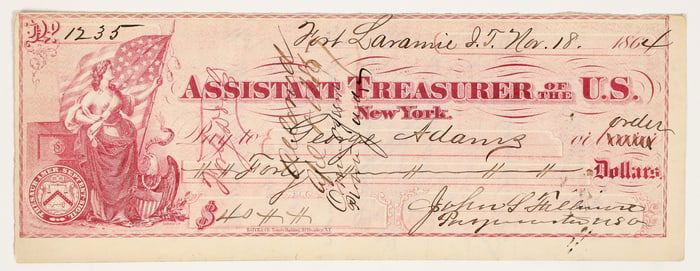 Assistant Treasurer of the U.S., Fort Laramie, Idaho Territory, 1864 Check [202732]