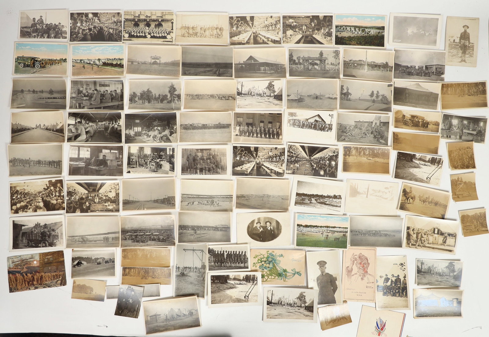 World War I Postcards & Photo Snapshots [202150]: Lot of about 80 pieces. Mix of snapshots, photos, real photo postcards, and printed postcards. Camps, soldiers training, soldiers posing, etc. Please inspect.^Date: Country (if not USA): State: City: 