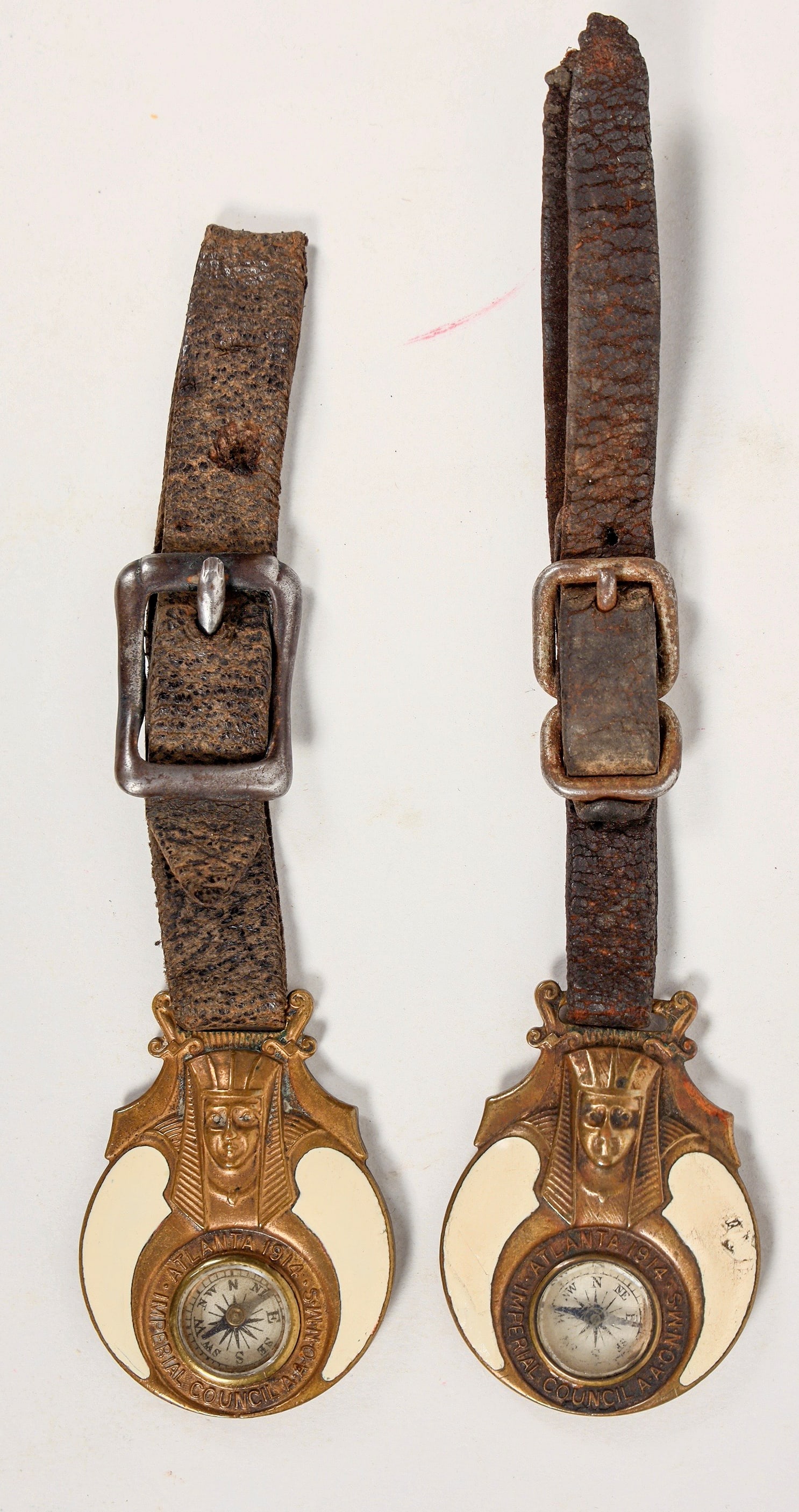 Shriner's Compasses 1914 Atlanta Convention [202239]: These are two compasses that are built within a Shriner's fob. Made by the Whitehead & Hoag Co. of Newark, New Jersey for the Shriner's Convention in Atlanta, Ga. 1914. The Ancient Arabic Order of the