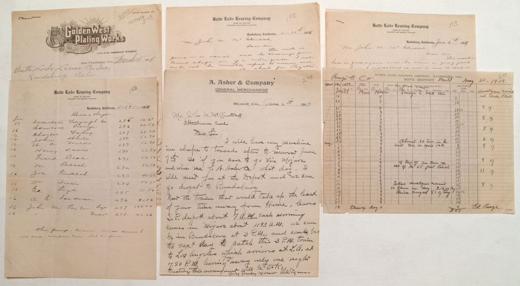 Butte Load Leasing Company materials: Lot of nine. Includes letters to Golden West Plating Works and back. Four letters to John McClintock from John Taylor. Billhead. Mine report. (Ames Collection)