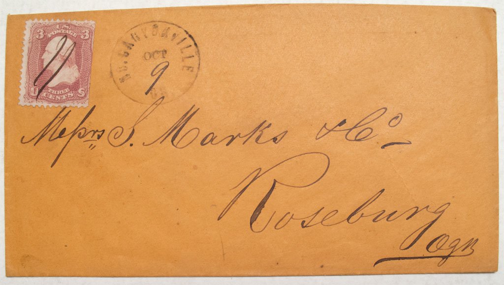 c1893 cover: North Canyonville.: North Canyonville, Douglas, Oct 9 c1863 (1853-1893). '9' handwritten inside stamp. Hand cancelled.