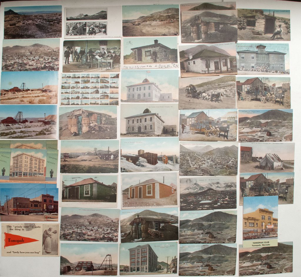 Color post cards of the Tonopah area.: Lot of 40. Includes early saloon scene, Midway Mill, Tonopah Club, Montana-Tonopah Mine, Mizpah shaft, Tonopah Extension Mine, Barrel House, Court House, Can House, Mt. Oddie, old street scenes, Tonop