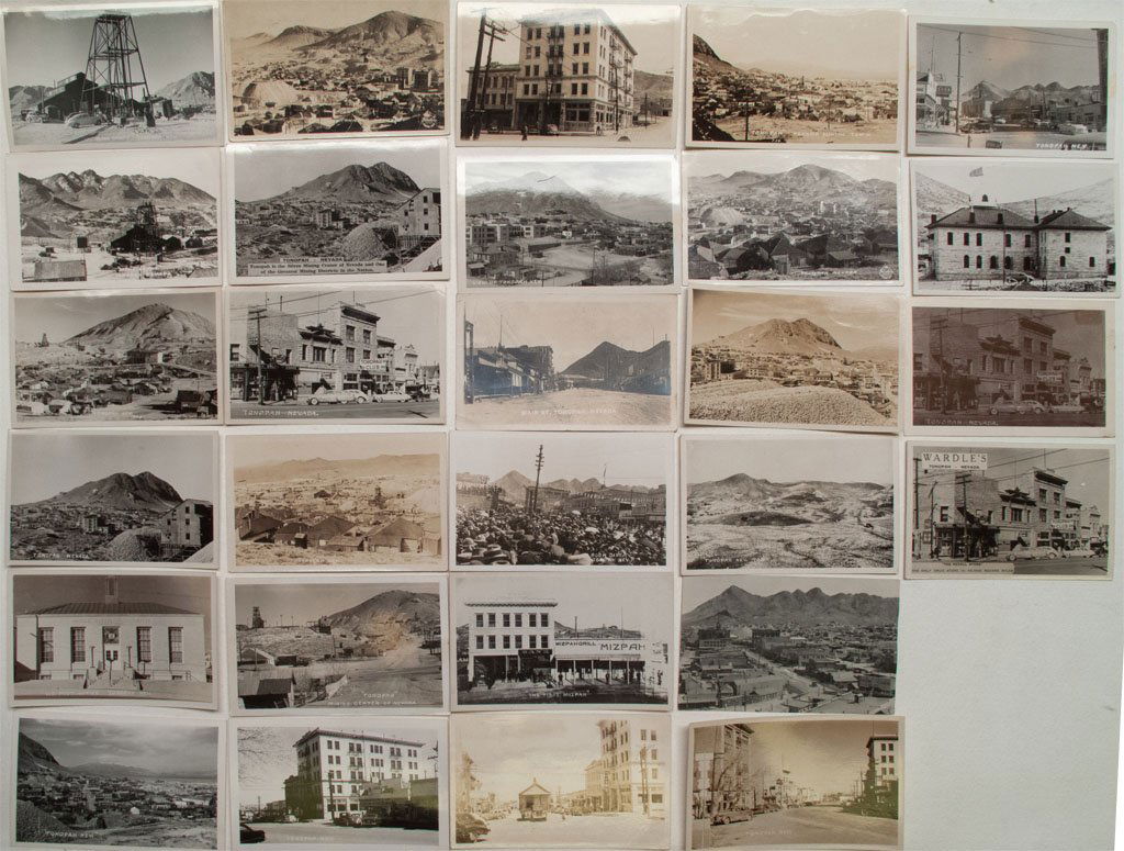 Tonopah RPC and Black and White post cards: Lot of 30. Includes crowded streets, moving a house, old main street, Mizpah Grill, Mizpah Hotel, post office, Tonopah Club, many general views and mining. Duplicates. (Ames Collection)