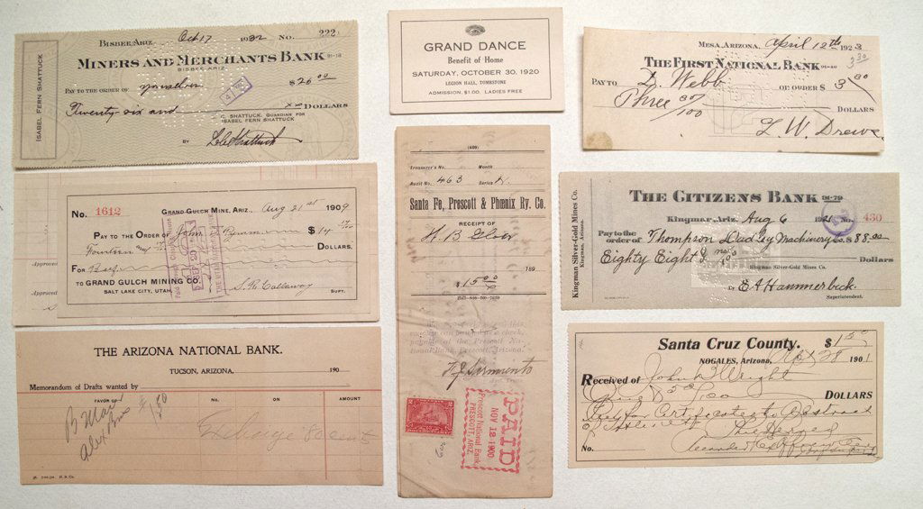 Arizona check, eta all collection: Lot of seven. 1) 1900 Santa Fe, Prescott & Phoenix Railway Company billhead. 2) Grand Gulch Mine 1909 receipt. 3) 1932 Miners and Merchants Bank, Isabel Fern Shattuck imprint. 4) Arizona National Bank