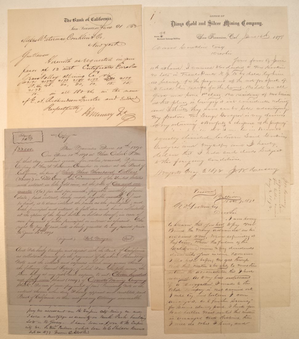Six letters pertaining to mining: 1) Diana Gold & Silver Mining Company 1878 letterhead. J. Hussey writing about the copper mine. 2) 1870 copy of sale of 1/4 of the Oneida Mining Company for $33,000 to James Morgan. The Oneida was loc