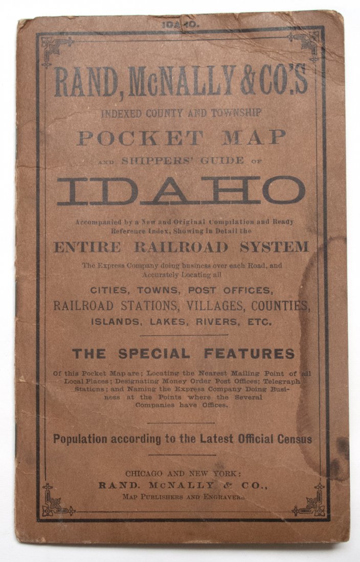 1910 Rand McNally Idaho Road Map: A road map before real roads. Includes railroads. Includes pocket folder. Some small holes wear folds meet, but in very good condition. 1910