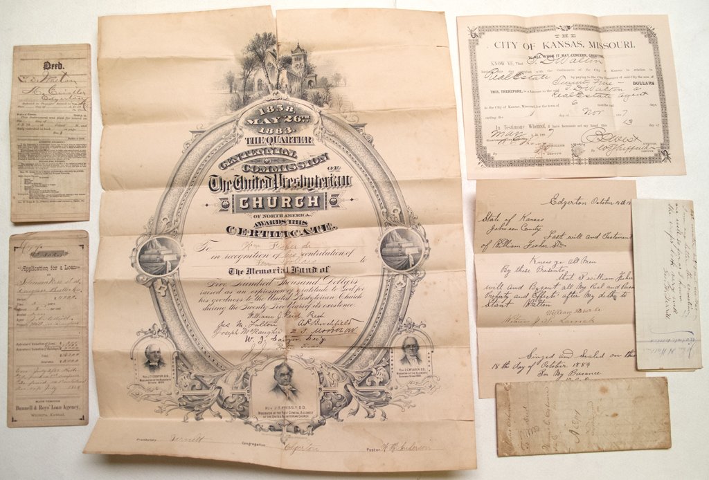Walton family and Walton, Kansas area documents: 1) Application for loan, Solomon Wise, 1884. 2) John Walton estate paper 1868. 3) 1834 indenture between John Walton and the Osborns. 4) 1883 Presbyterian Church fund. Rips and tears. 4) 1889 last wil