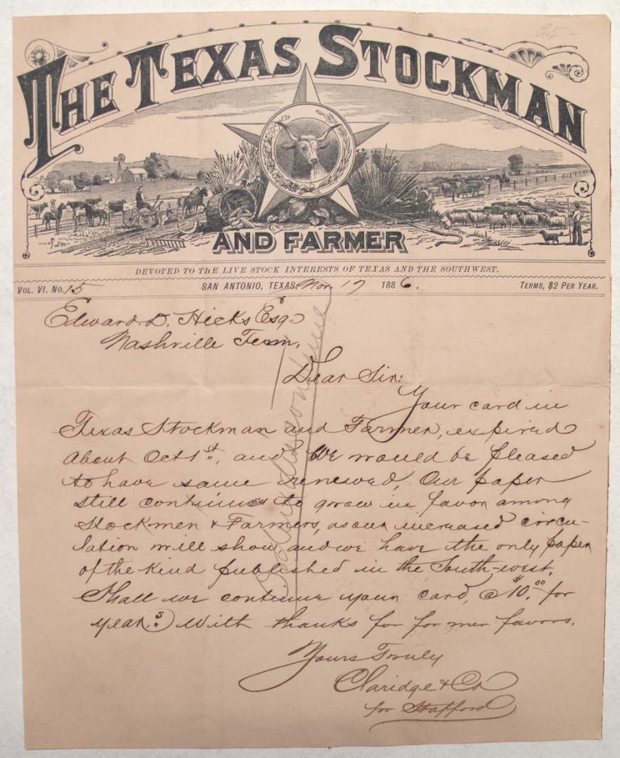 The Texas Stockman: Letter from Claridge & Co. for Stafford of the Texas Stockman & Farmer to Edward D. Hicks Esq. 1886