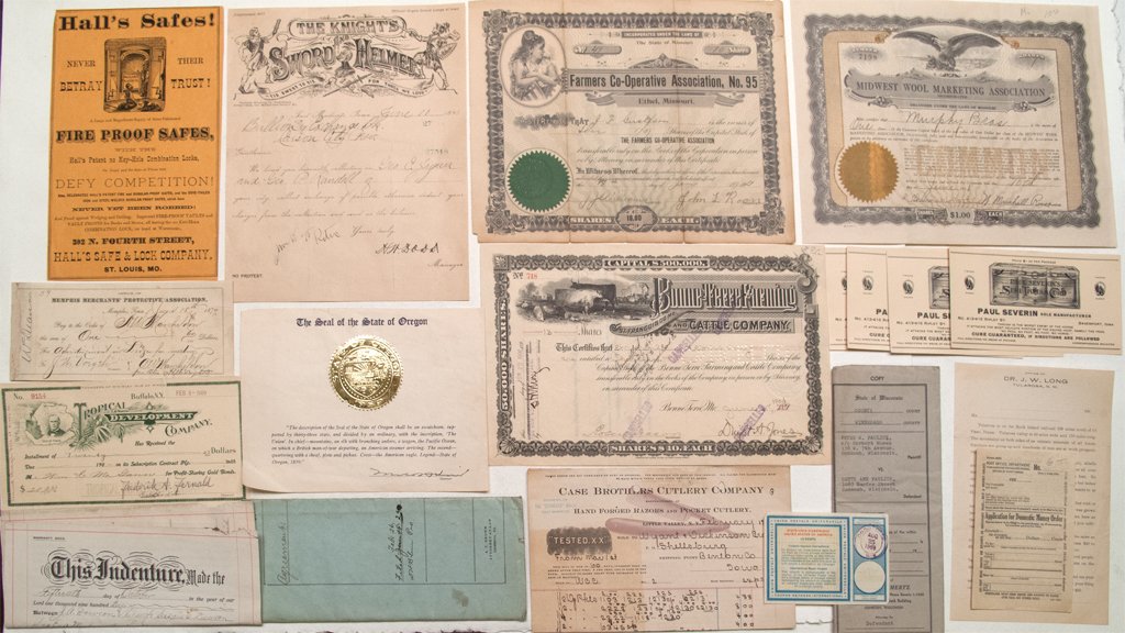 Eclectic mix of American: Lot of fifteen. 1) Hales Safe of St. Louis Advertising. 2) Fifteen cent 1969 USA postal coupon. 3) 1900's Dr. Long of Tularosa letter head. 4) Memphis Merchants Protective Association 1879 receipt. 5)