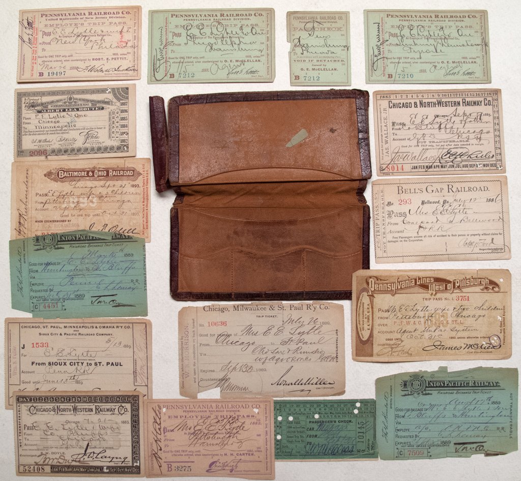 Railroad papers and an organizing wallet: 1882-1893. Papers include Union Pacific, Pullman, Minneapolis & St. Louis, Baltimore & Ohio, Pennsylvania Lines, Bell's Gap, Chicago & North-Western, Pennsylvania Railroad ,and Chicago, Milwaukee & St