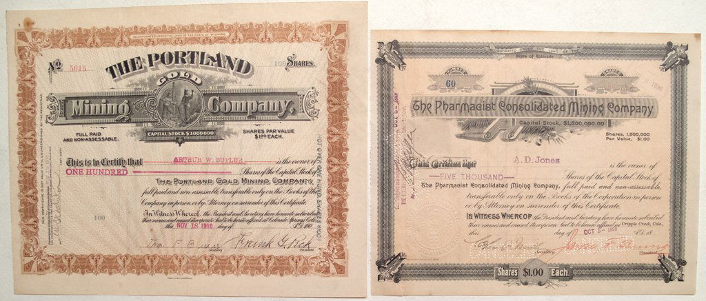 2 better Cripple Creek mining stocks signed by James: 1) The Pharmacist Consolidated Mining Company. Stock #60 (very early) for 5,000 shares to A. D. Jones in 1899. Signed by James F. Burns and Charles Miller. Cancelled. Burns was something of a legend a
