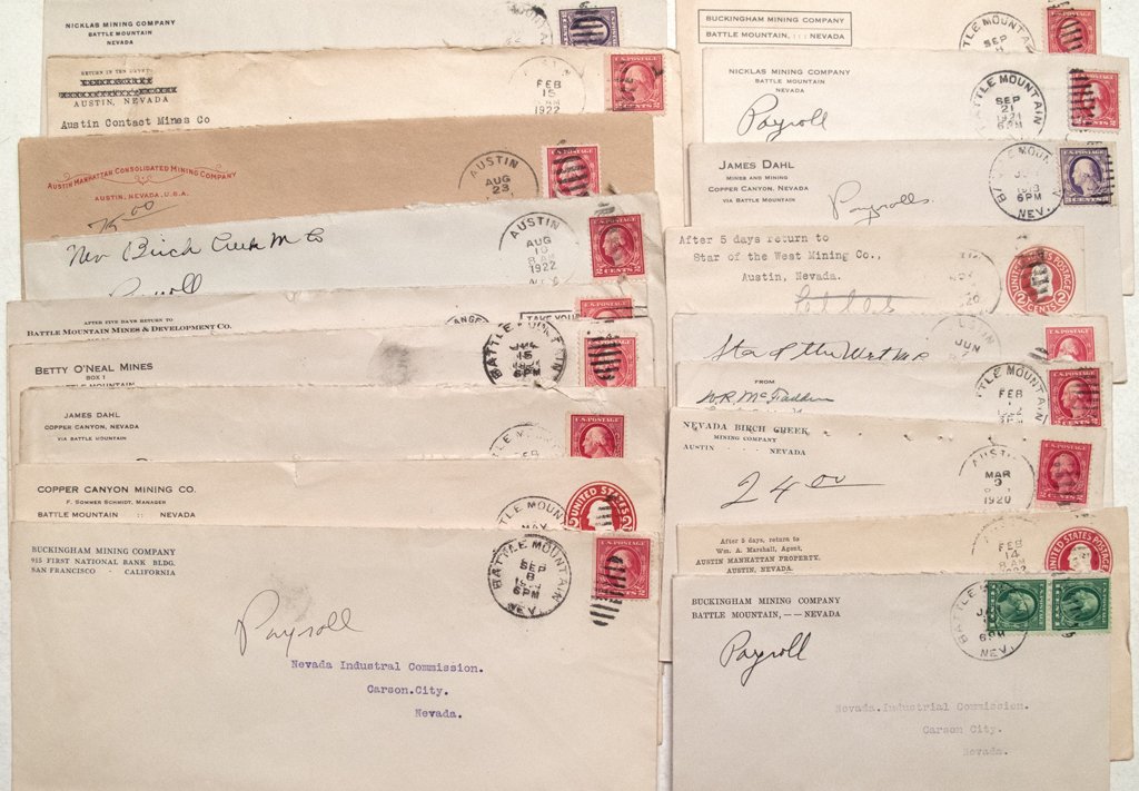 Nevada Mining: 18 Austin and Battle Mountain mines: Cancels are all Austin and Battle Mountain. Mines include Austin Manhattan, Star of the West, Nevada Birch Creek, Betty O'Neal Mines, Copper Canyon, Buckingham, Nicklas, etc. Some duplicate mines all