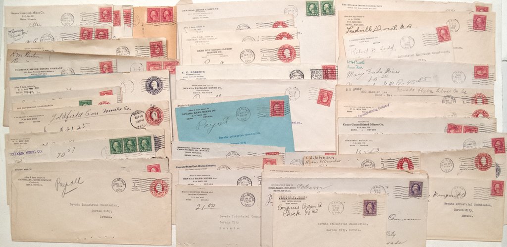 Nevada Mining: 51 Reno postmarks from Nevada mines: Mines include Como, Genoa Comstock, Luning-Idaho, Shepard Silver, Comrade Silver Lead, Bluebird Silver, Pitt Taylor, Nevada Rand, Silver Comstock on EE Roberts (mayor) cc, Santa Rosa Copper, Buckhorn,