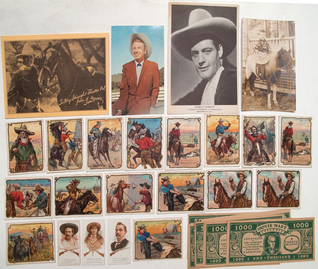 Western Hero Tobacco Cards and Photographs: 1) Allen & Ginter Annie Oakley and Dr. W. F. Carver. 2) Sixteen Hassan Corktip Cigarette T-53 Cowboy series cards include The Overland Mail, An Old Time Cowboy, Skinning a Buffalo, Throwing a Steer, S