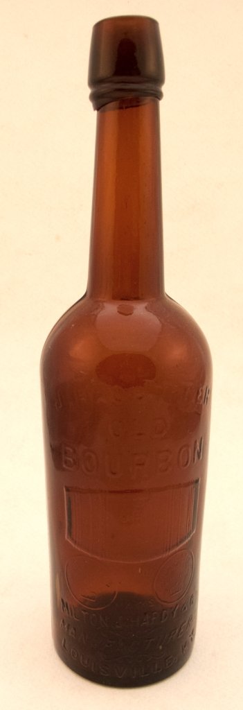 Cutter Old Bourbon whiskey bottle - Milton J. Hardy: J J CUTTER / OLD / BOURBON / barrel / J. H. CUTTER OLD BOURBON / crown all in circle TRADE / MARK / J.H. CUTTER PURE OLD RYE / all in circle MILTON J HARDY & CO / MANUFACTURER / LOUISVILLE, KY / on ba