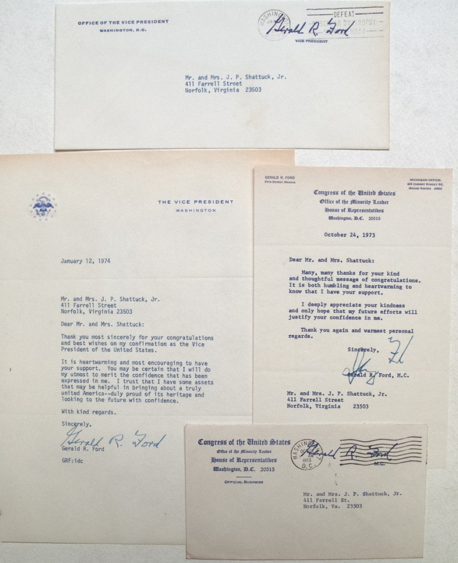 Ford presidential collection: 2 items. Appears to be a signed letter of thank you on Congressional letterhead in 1973. Apparent Ford signed letter of thanks for election to office of Vice President. Please inspect. 1973
