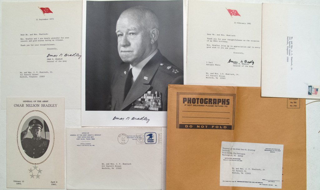 General Omar Bradley: 3 items. Signed letter of appreciation on 88th birthday. Autopen photo. Memorial card.