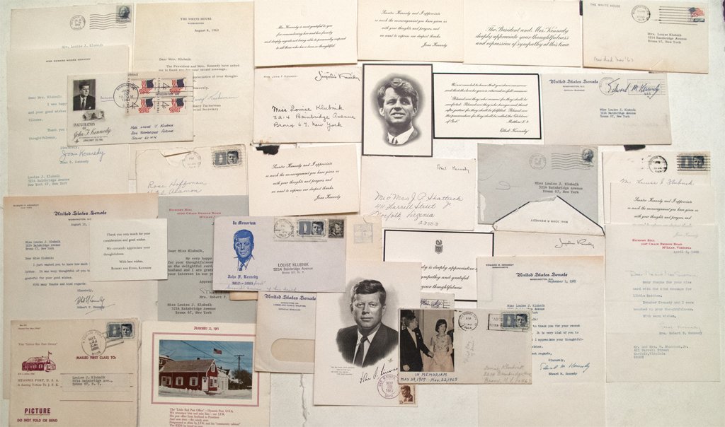 Kennedy presidential collection: 18 items. Seems to include signatures from Joan, Robert, and Ethel. Sympathy cards for John and Robert. Official card from "Little Red Post Office" in Hyannis Port. Several black bordered envelopes. T
