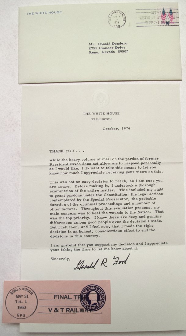 Letter to constituent from President Ford on pardoning: Letter from Gerald Ford on pardoning Richard Nixon. Appears to be autopen. October 1974