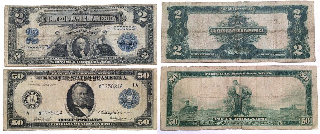 1914 $50 bill and 1899 $2 silver certificate: 1) Fifty dollar bill, A825821A, Friedberg 1025. 1914. AG. 2) Two dollar silver certificateE19888233, Friedberg 253. AG. 1899, 1914