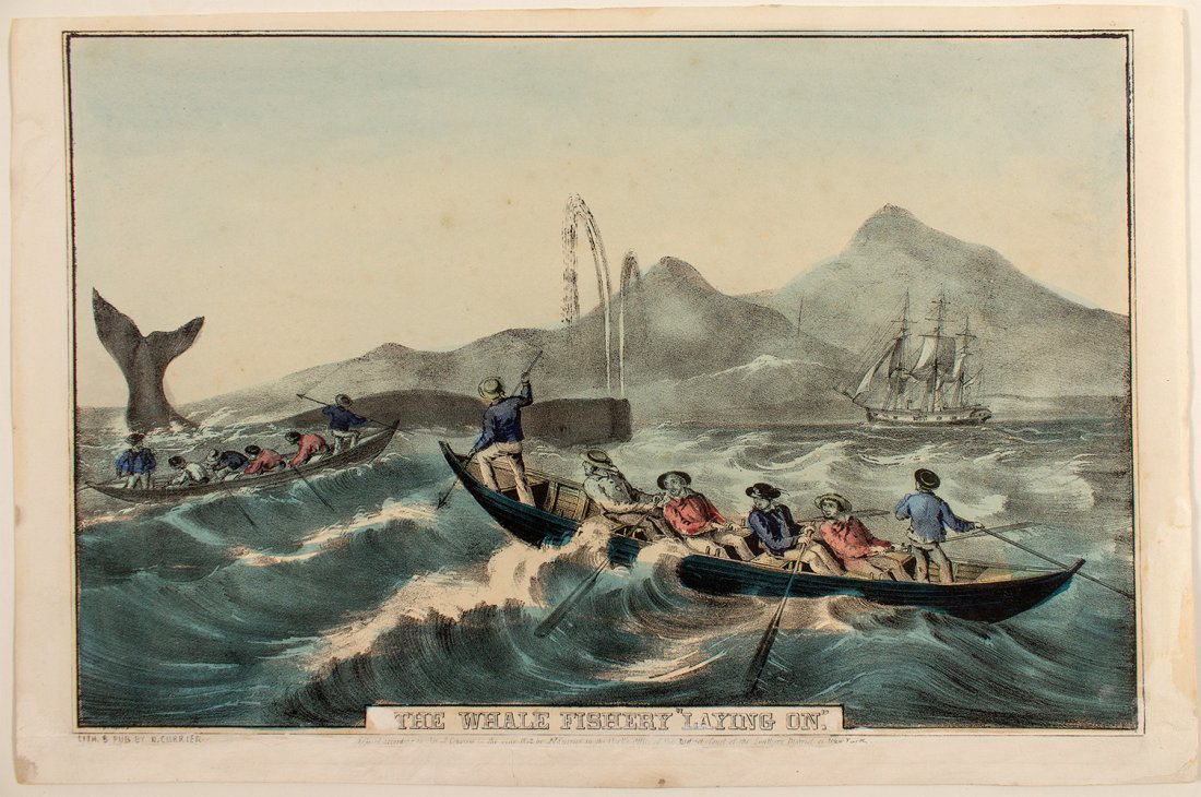"The Whale Fishery 'Laying On.'" Lithograph, c. 1852,: The Whale Fishery "Laying On." Hand-colored lithograph of whalers approaching sperm whale. Two boats, six men in each, are closing in with spears on a whale spraying water jets out of its blowhole. In