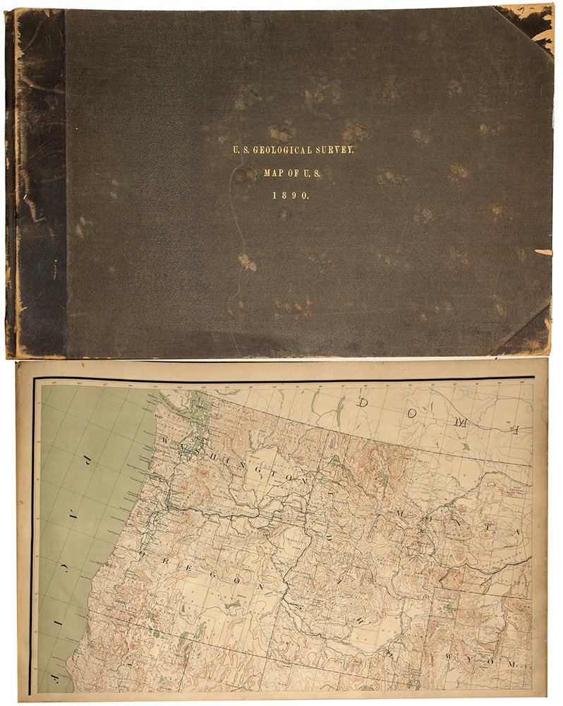 US Geological Survey Map of the United States: Very large book of US maps, from the whole country. All color topographical maps, featuring quadrant sections. This book measures 28"x19", and has railroads indicated on the maps. These maps are detai
