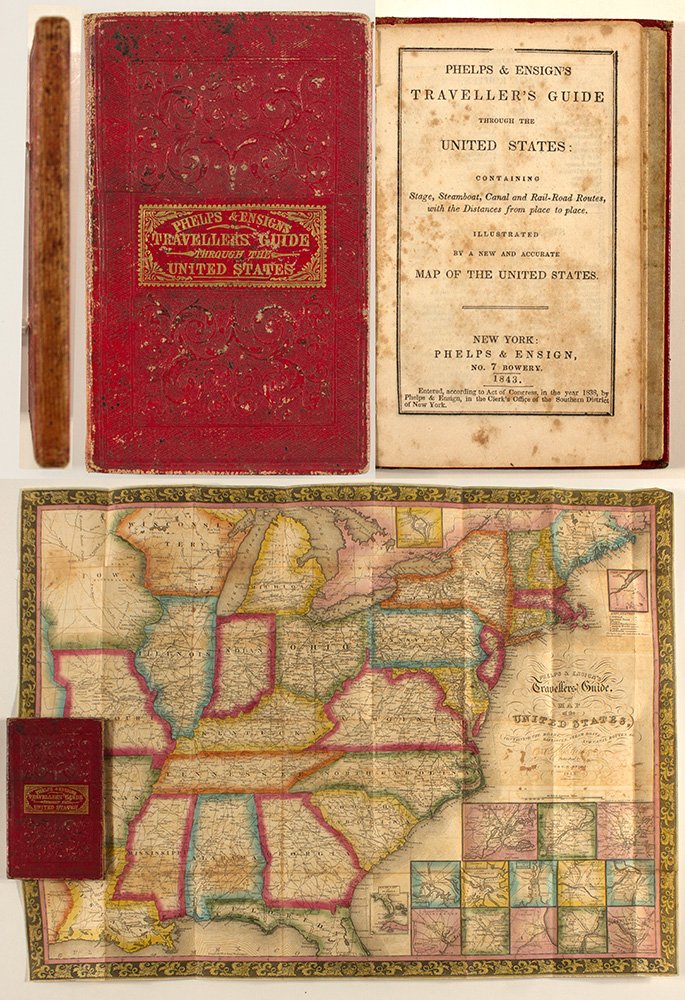 Phelps and Ensignâ€™s Travelerâ€™s Guide through the: Pocket guide. Includes stage, steamboat, canal and rail-road routes with the distance from place to place. Map in back is intact and colorful (borders are hand colored). Edges are worn and binding is