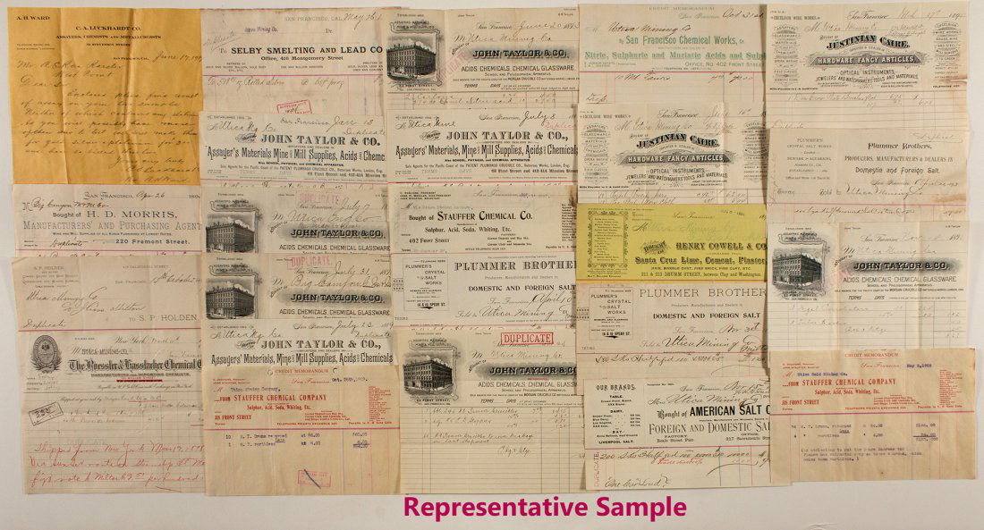 Utica Mining Company SF billheads: assay archive: About 500 pieces. Includes John Taylor, Selby, Justinian, Wirlberg, SF Chemical, coal, SC line, salt companies, Fairbanks scales, Morris, Holden, Roessler & Hasslacher, Staufer, etc. Selby billheads a