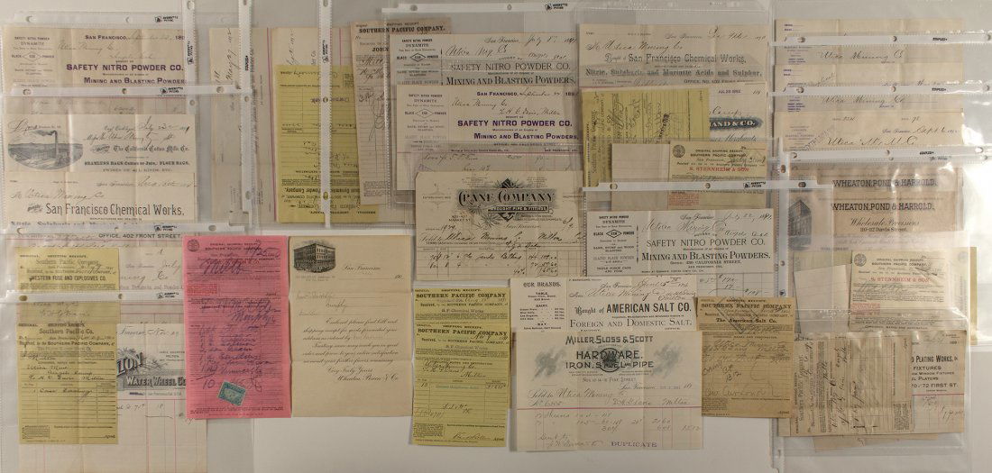 Southern Pacific Shipping Receipts with Billheads: Wonderful collection of 25 SP shipping receipts with San Francisco billheads. Includes one receipt from John Taylor, assayer. Companies include Pelton Water Works (with wonderful pictorial), American
