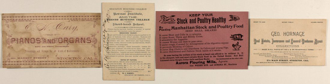 4 Stockton business cards: W. C. Rumsey signed Stockton Business School, George Hornace real estate, Cary pianos and organs, and Aurora Flouring Mills. Stockton, CA
