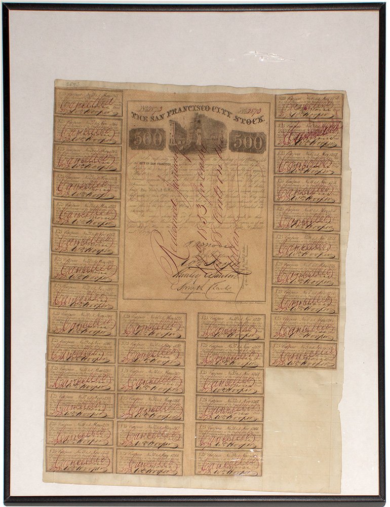 City of San Francisco Gold Rush Era Bond: Sold in 1851. Redeemed in 1853 for 88c on the dollar. Signed by PA Morse, JJ Tallant, Wm Hooper, Smyth Clark, and Runley Gauden. All but 4 coupons are still attached. San Francisco, CA