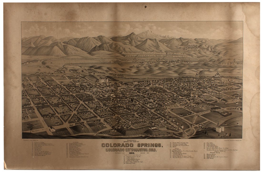 Colorado Springs 1882 Map: Birds-eye view of Colorado Springs from 1882, from Beck & Pauli Lithographers, Milwaukee. Published by J.J. Stone, Madison, WI. Measures 17"x27", shows foxing and discoloration (generally removable wi